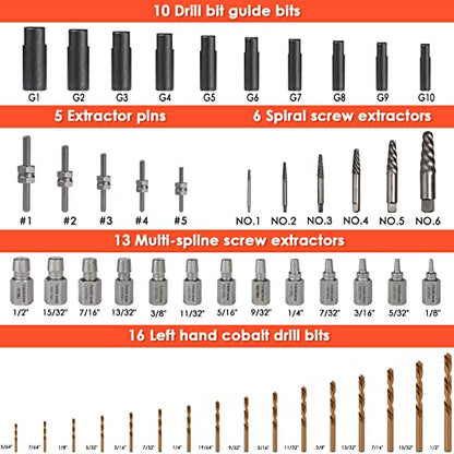 55-Piece Easy Out Screw Extractor Set with Broken Bolt Extractor Kit | for Seized, Broken Studs, Bolts, Socket Screws & Fittings, Cr-Mo Steel & HSS, with Left Hand Drill Bit Set, Storage Case