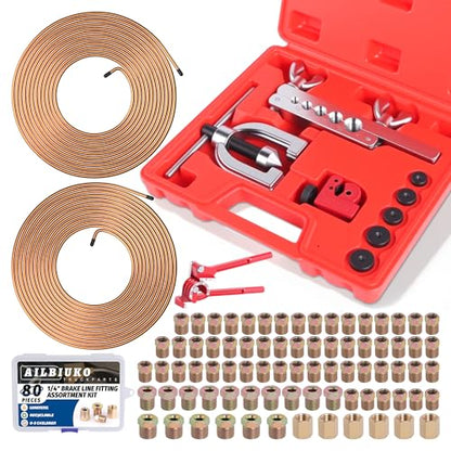 1/4" Brake Line Repair Kit, Double & Single Brake Line Flaring Tool Kit + 2 Set 25ft 1/4 Inch Brake Line with 80 Pcs Fittings(6 Unions Included) + Brake Line Bender - size: 1/4"
