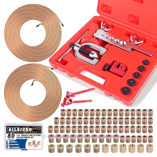 1/4" Brake Line Repair Kit, Double & Single Brake Line Flaring Tool Kit + 2 Set 25ft 1/4 Inch Brake Line with 80 Pcs Fittings(6 Unions Included) + Brake Line Bender - size: 1/4"
