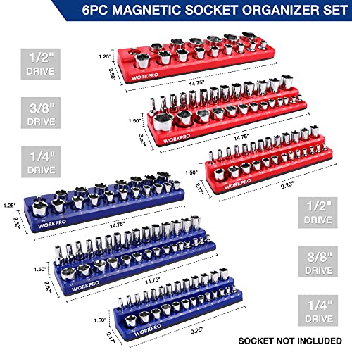 WORKPRO Magnetic Socket Organizer Set, 6-Piece Socket Holder Set Includes 1/4", 3/8", 1/2" Drive Metric SAE Socket Trays, Holds 143 Pieces Sockets, Christmas Gift for Men(Socket not Included) | 1/4", 3/8", 1/2" DR Socket Trays, Holds 143-Piece Sockets, Su