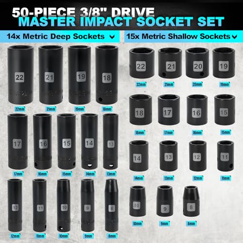Impact Socket Set, 3/8 inch 50 Piece SAE and Metric Set, Standard SAE (5/16 to 3/4 inch) and Metric (8-22mm) 6 Point, Extension Bars, Impact Universal Joint, Adapter, Cr-V Steel - size: 3/8inch 50PCS