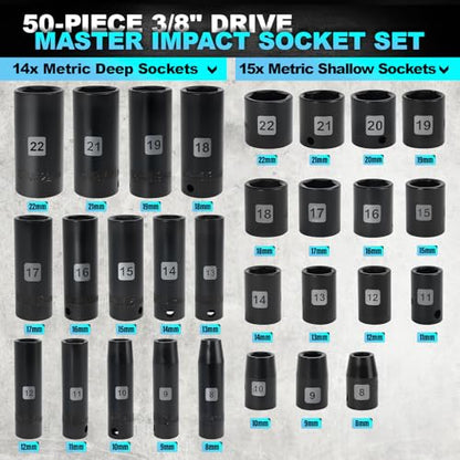 Impact Socket Set, 3/8 inch 50 Piece SAE and Metric Set, Standard SAE (5/16 to 3/4 inch) and Metric (8-22mm) 6 Point, Extension Bars, Impact Universal Joint, Adapter, Cr-V Steel - size: 3/8inch 50PCS