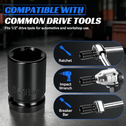 2PCS 18mm Impact Socket 1/2" Drive, 6 Point Metric Shallow Socket, CR-V Steel Heavy Duty Impact Wrench Socket for Automotive Repair - size: 18mm