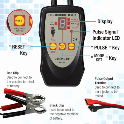 allsun Fuel Injector Tester & Cleaner 4 Pulse Mode Diagnostic Tool with Mode-Lock, Universal 12V Autom Injector Tester Kit, LED Indicator Quick Test Stuck/Leaking/Burnt Injectors for Gasoline Only