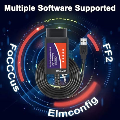 ELM327 USB Adapter OBD2 Scanner for Windows, ELMconfig FoCCCus Diagnostic Scan Tool with MS-Can/HS-Can Switch for Ford Lincoln Mazda Mercury Series Vehicles
