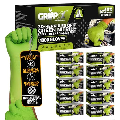 GRIPXX Herkules Grip Heavy Duty 8Mil Green Nitrile Gloves,3D Raised Diamond Texture-Latex & Powder Free-Industrial, Mechanic | Bulk Case of (1000 CT) - size: Large, style: Green - 1000 Count