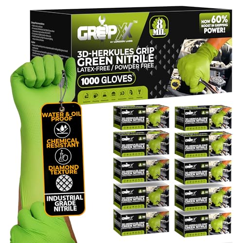 GRIPXX Herkules Grip Heavy Duty 8Mil Green Nitrile Gloves,3D Raised Diamond Texture-Latex & Powder Free-Industrial, Mechanic | Bulk Case of (1000 CT) - size: Medium, style: Green - 1000 Count