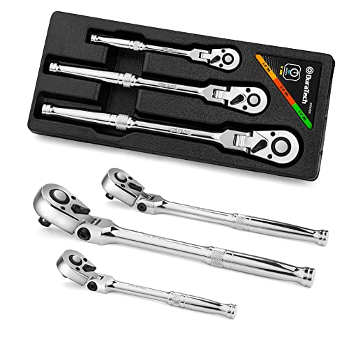 DURATECH 3-Piece Flex-Head Ratchet Set, 1/4", 3/8", 1/2" Drive | 72-Tooth, Quick-Release Reversible Design, Chrome Alloy Made, Fully Polished, Organized in Storage Case - size: 1/4", 3/8", 1/2" Drive