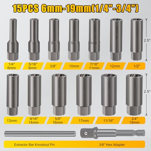Topec 15PCS Deep Bolt Extractor Kit, 6mm-19mm Nut Extractor Socket Set, 3/8" Drive Rounded Bolt Remover, Spark Plug Extractor Tool for Broken, Stripped, Damaged, Rusted Stud and Bolt Nuts - size: 15 PCS