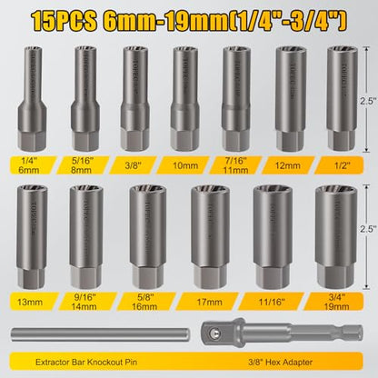 Topec 15PCS Deep Bolt Extractor Kit, 6mm-19mm Nut Extractor Socket Set, 3/8" Drive Rounded Bolt Remover, Spark Plug Extractor Tool for Broken, Stripped, Damaged, Rusted Stud and Bolt Nuts - size: 15 PCS
