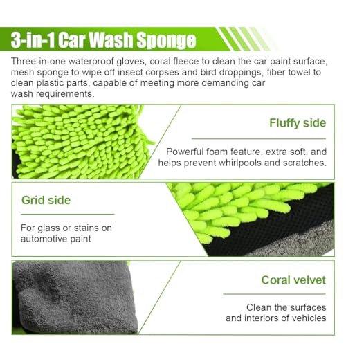 Collapsible Bucket with 3-in-1 Car Wash Mitt, Multiuse 10L Portable Plastic Bucket with Handle, Coral Velvet & Chenille Wash Mitt, Car Cleaning Kit for Vehicle, Household