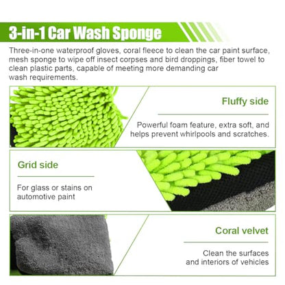 Collapsible Bucket with 3-in-1 Car Wash Mitt, Multiuse 10L Portable Plastic Bucket with Handle, Coral Velvet & Chenille Wash Mitt, Car Cleaning Kit for Vehicle, Household