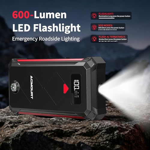 Acmount P100 Car Jump Starter, 5000A Peak Lithium Jump Starter Battery Pack for Up to 10.0L Gas or 8.0L Diesel Engine, Safe 12V Portable Battery Starter Power Pack with LED Screen & LED Light - color: red