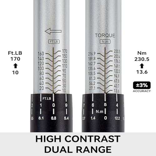 1/2 Inch Drive Click Torque Wrench, 10-170 ft-lb (13-230 Nm) Micrometer Adjustable Dual Scales, 72-Tooth Reversible Ratchet, ±2% Accuracy, Storage Case - size: 1/2" Drive