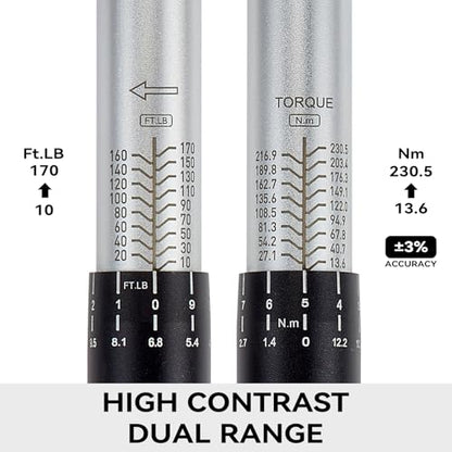 1/2 Inch Drive Click Torque Wrench, 10-170 ft-lb (13-230 Nm) Micrometer Adjustable Dual Scales, 72-Tooth Reversible Ratchet, ±2% Accuracy, Storage Case - size: 1/2" Drive