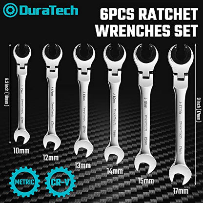 DURATECH 6-Piece Ratcheting Wrench Set with Open Flex-Head, Tubing Wrench | Metric, 10-17mm, 72-Tooth Gear, CR-V Steel, Organizer Bag, Gifts for Men