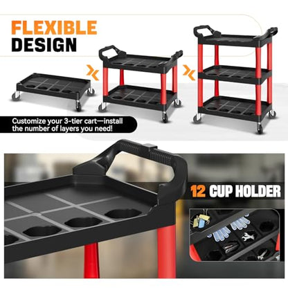 Auto Dynasty 3-Tier Rolling Cart Trolley Storage Detailing Cart with Cup Holders 120kg Capacity on Wheels Fits Home, Garage, Warehouse, Hotel and Workshop Use, Black - style: with Cup Holders