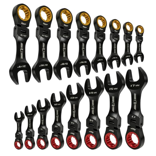 16PCS Stubby Flex Head Ratcheting Wrench Set, SAE & Metric Combination Gear Wrenches, 72-Tooth Short Handle Ratchet Spanner Set for Tight Spaces, Auto Repair & Garage Maintenance, 8-17mm & 5/16"-3/4"