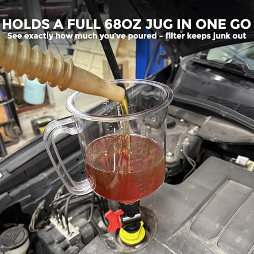 Spill-Proof Oil Funnel Kit 51oz - Master Engine Oil Change Funnel with Shut-Off Valve, 12-15 Adapters, Elbow Fitting, Arrow Screen Filter & Transparent Scale for All Cars Motorcycles