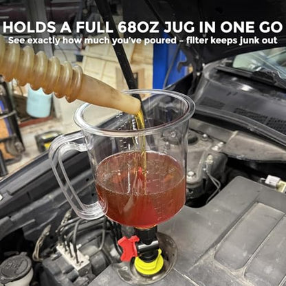 Spill-Proof Oil Funnel Kit 51oz - Master Engine Oil Change Funnel with Shut-Off Valve, 12-15 Adapters, Elbow Fitting, Arrow Screen Filter & Transparent Scale for All Cars Motorcycles
