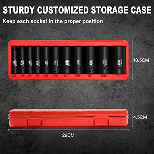 WIILDIS 11 Pieces 3/8-Inch Drive Deep Impact Socket Set, 5/16 to 1 inch, CR-V, SAE, 6 Point, Deep, 11 Pieces 3/8" Dr. Socket - size: SAE - 11pcs