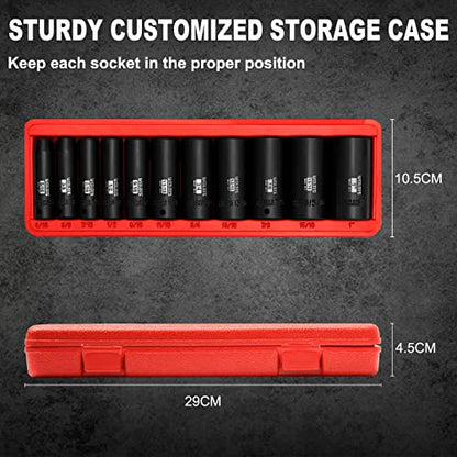 WIILDIS 11 Pieces 3/8-Inch Drive Deep Impact Socket Set, 5/16 to 1 inch, CR-V, SAE, 6 Point, Deep, 11 Pieces 3/8" Dr. Socket - size: SAE - 11pcs