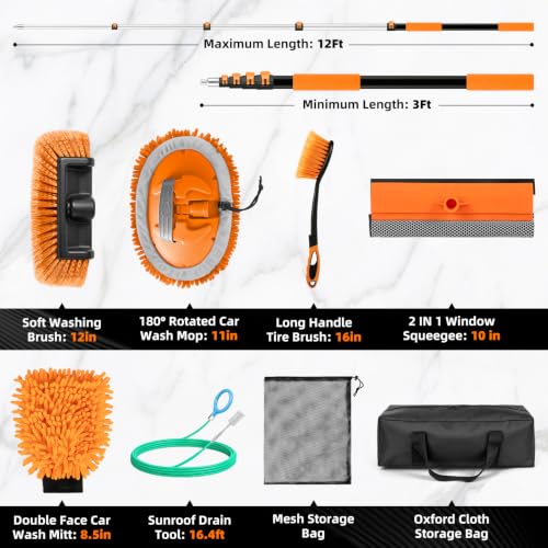 12FT Car Wash Brush with Long Handle,Car Cleaning Kit with Telescoping Pole,Soft Bristle Brush,Wheel Brush, Window Squeegee, Chenille Mop&Mitt, Sunroof Drain Tool, Bags for RV,Truck,boat