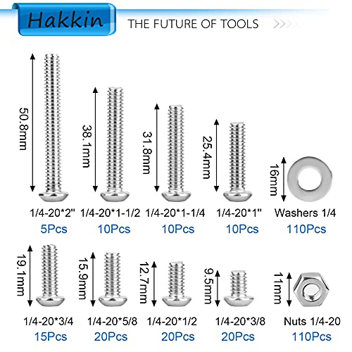 Hakkin 330pcs SAE 1/4-20 UNC Hex Socket Button Head Cap Screw Bolts Flat Washers Nuts Assortment Kit 304 Stainless Steel, 8 Sizes (Length 3/8" to 2"), Machine Screws Set with Storage Case - size: 330PCS 1/4-20 Hex Button Head Cap Screws Silver