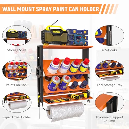 Spray Bottle Holder Wall-Mounted, Aerosol Spray Can Holder, Heavy Duty Paint Bottle Organizer with 8 Can Holes 80 LBS, Utility Storage Rack With Paper Towel Holder for Garage, Shop or Tool Trailer - style: B-Spray Can Rack