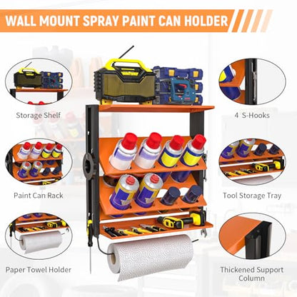 Spray Bottle Holder Wall-Mounted, Aerosol Spray Can Holder, Heavy Duty Paint Bottle Organizer with 8 Can Holes 80 LBS, Utility Storage Rack With Paper Towel Holder for Garage, Shop or Tool Trailer - style: B-Spray Can Rack