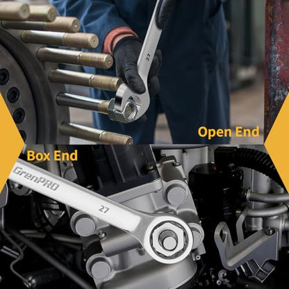 GRENPRO Metric Wrench Set, Large Wrench Set Metric and Standard, 7PC 23mm, 24mm, 26mm, 27mm, 30mm, 32mm Long Big Open End Wrench Tool Set Roll Up Pouch Organizer with Gauge, Combination Wrenches Sets - style: Metric Wrench Set Large