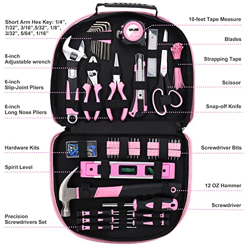 TOPLINE 208-Piece Pink Tool Kits for Women with Round Pouch, Small Tools Kit for Apartment, Home, Household Ladies Pink Tool Set for Best Gifts and Home Maintenance