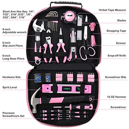TOPLINE 208-Piece Pink Tool Kits for Women with Round Pouch, Small Tools Kit for Apartment, Home, Household Ladies Pink Tool Set for Best Gifts and Home Maintenance