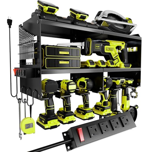 Spampur Fathers Day Gift,Power Tool Organizer Wall Mount with Charging Station, 3 Layer Heavy Duty Metal Tool Storage Rack Loads 420lbs with 6 Cordless Drill Holder, Garage Workshop - color: Black, size: 6 Slots
