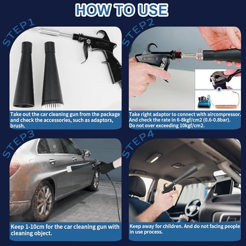 Detailing Car Cleaning Gun Interior Dryer Air Blow Gun, High Pressure Blower Gun with 5 Pcs Brushes for Auto Carpet Seats Dashboard Console Cleaning