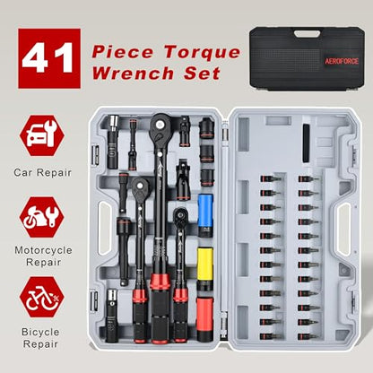 AEROFORCE 1/4 & 3/8 & 1/2-inch Drive Click Torque Wrench, 41Pcs Torque Wrench Set with Sockets and extensions, Hex, Torx, magnetic Spark Plug for Car, Motorcycle, Bike Repair - size: 1/4" & 3/8" & 1/2" (41-Piece), style: 4 - 20 lb-ft & 5 - 45 lb-ft & 15 -