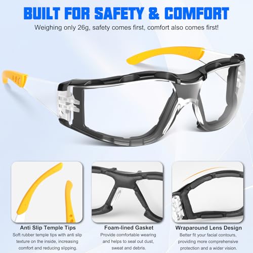 OXG Safety Glasses for Men, ANSI Z87.1 Anti-Fog Impact Resistant Protective Eyewear, Foam Gasket, UV400 Protection - color: 6-clear-yellow