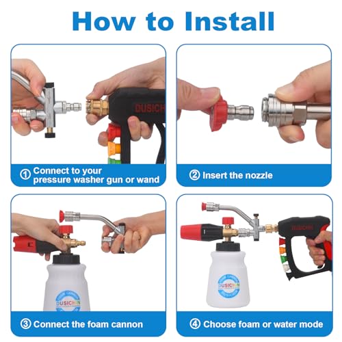 DUSICHIN Short Wand Pressure Washer Gun Foam Cannon 1/4" Quick Connector Pressure Washer Accessory,Car Wash Foam Gun Dual Ended Shift Connector 5 Pressure Washer Nozzles M22-14, M22-15 Brass Fittings
