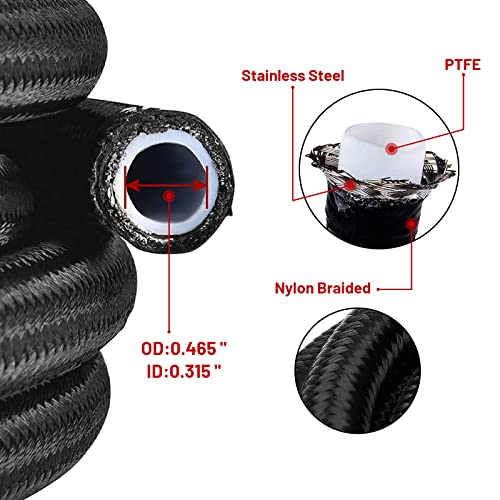 6AN 10FT PTFE Fuel Line Fitting Kit, E85 Nylon Braided Fuel Hose with 10PCS Aluminum Swivel Fuel Hose Fitting Adapter Kit - Black - color: Black, size: 6AN Fitting+10Ft Hose