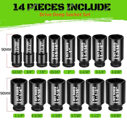 3/4 inch Drive Impact Socket Set, 14 Piece Heavy Duty CR-MO Deep and Jumbo Sockets 6 Point Design, SAE 3/4" to 1-9/16", for Large Vehicle and Apparatus Maintenance - color: 14pcs 3/4" Sae