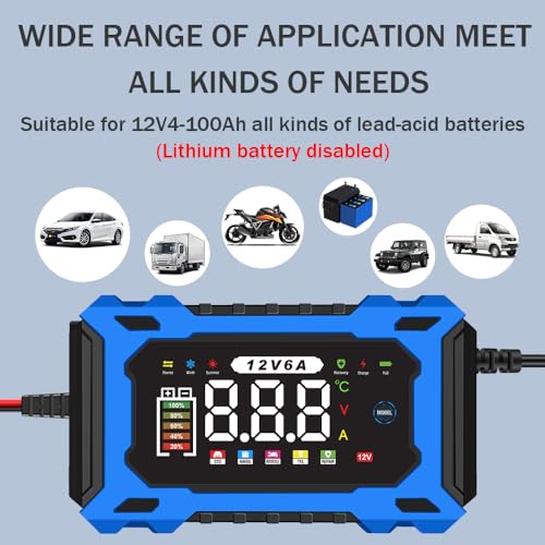 6-Amp 12V Smart Car Battery Charger, Battery Maintainer Trickle Charger with Desulfator, Pulse Repair & Overcharge Protection - for Car Lawn Mower Marine Lead-Acid Batteries (Blue) - color: Blue