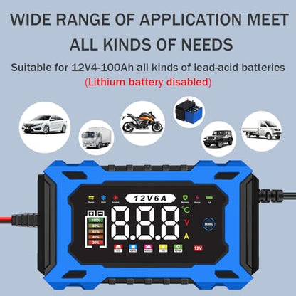 6-Amp 12V Smart Car Battery Charger, Battery Maintainer Trickle Charger with Desulfator, Pulse Repair & Overcharge Protection - for Car Lawn Mower Marine Lead-Acid Batteries (Blue) - color: Blue