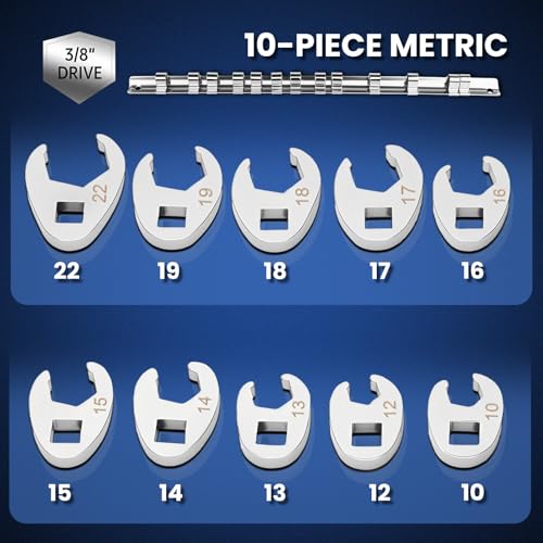 3/8" Drive Metric Crow foot Wrench Set 10-Piece 10-22mm, CR-V Steel Flare Nut Design, for Automotive & Plumbing Tight Spaces Access with Clip-On Organizer