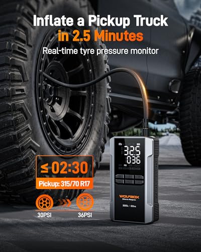 WOLFBOX MV16A 3000A Jump Starter with Air Compressor, 59.2Wh&160PSI Portable Car Battery Jump Starter with 65W Fast Charging, 12V Battery Pack (8L Gas 6L Diesel) with Boost, Light and Jumper Cables - size: 3000A