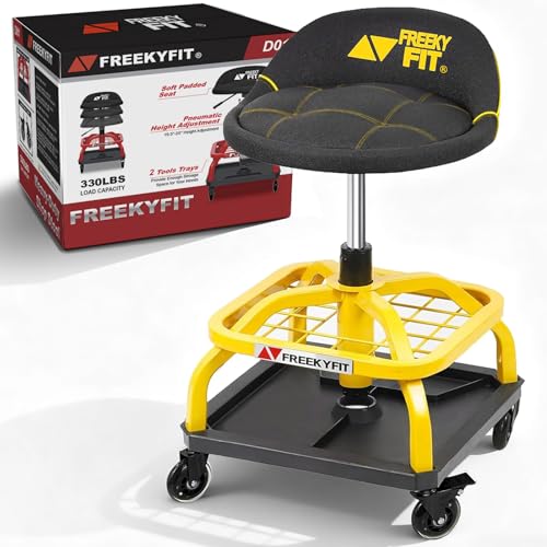 Rolling Shop Stool with Wheels, Garage Work Mechanic Stool with Backrest, Roller Mechanic Chair, Adjustable Height, 360° Swivel, Tool Tray Storage, 330 LBS Capacity, Heavy Duty, Yellow - color: Yellow