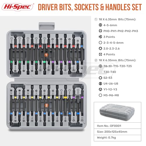 Hi-Spec 36pc Long Screwdriver Bit Set in a Case. 75mm Extended Driver Set with Security Torx, Square, XZN and Hex Bits - size: 36 PCS
