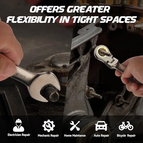 DISEN 9 Piece Flex Head Stubby Ratcheting Wrench Set Metric 90 Tooth | Metric 8-17 mm, CR-V Material, Nickel Plating Finish Combination Ratchet Wrenches Set, Golden Ratchet, with Rolling Pouch
