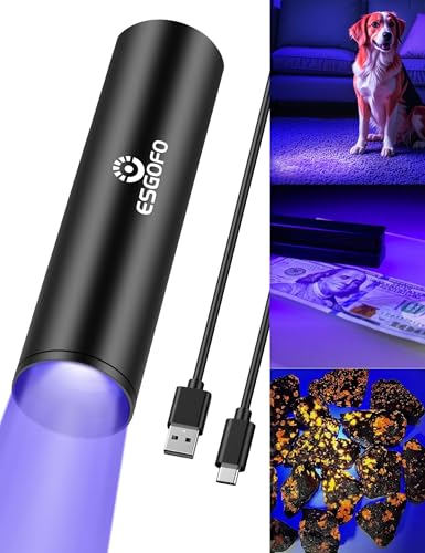 Esgofo 365nm UV Flashlight Mini, Ultraviolet Small Black Light Flash Lights USB C Rechargeable, Portable Handheld LED Blacklight for Pet Urine Detection Scorpion Resin Curing