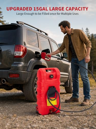 15 Gallon Gas Can, Fuel Tank Container with Fluid Transfer Manual Siphon Pump & 10FT Hose, Portable Diesel Gas Storage Caddy with Wheels for Car, ATV, Weeder, Boat - color: Red