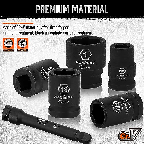 HORUSDY 1/2" Drive Shallow Impact Socket Set, 24-Piece SAE (7/16"-1") and Metric (13-24mm), 6 Point, Cr-V, Includes 1/2-Inch Drive Ratchet Handle, Drive Extension Bar - style: 24PC 1/2" Standard Kit